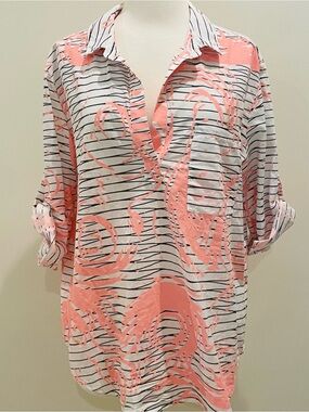 Kealopiko Coral & White Printed Women's Blouse - Relaxed Pullover